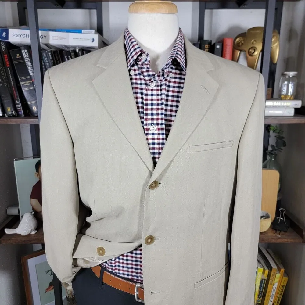Geoffrey Beene Men's Sport Coat Blazer Three Button Beige Herringbone Silk‎ 41R